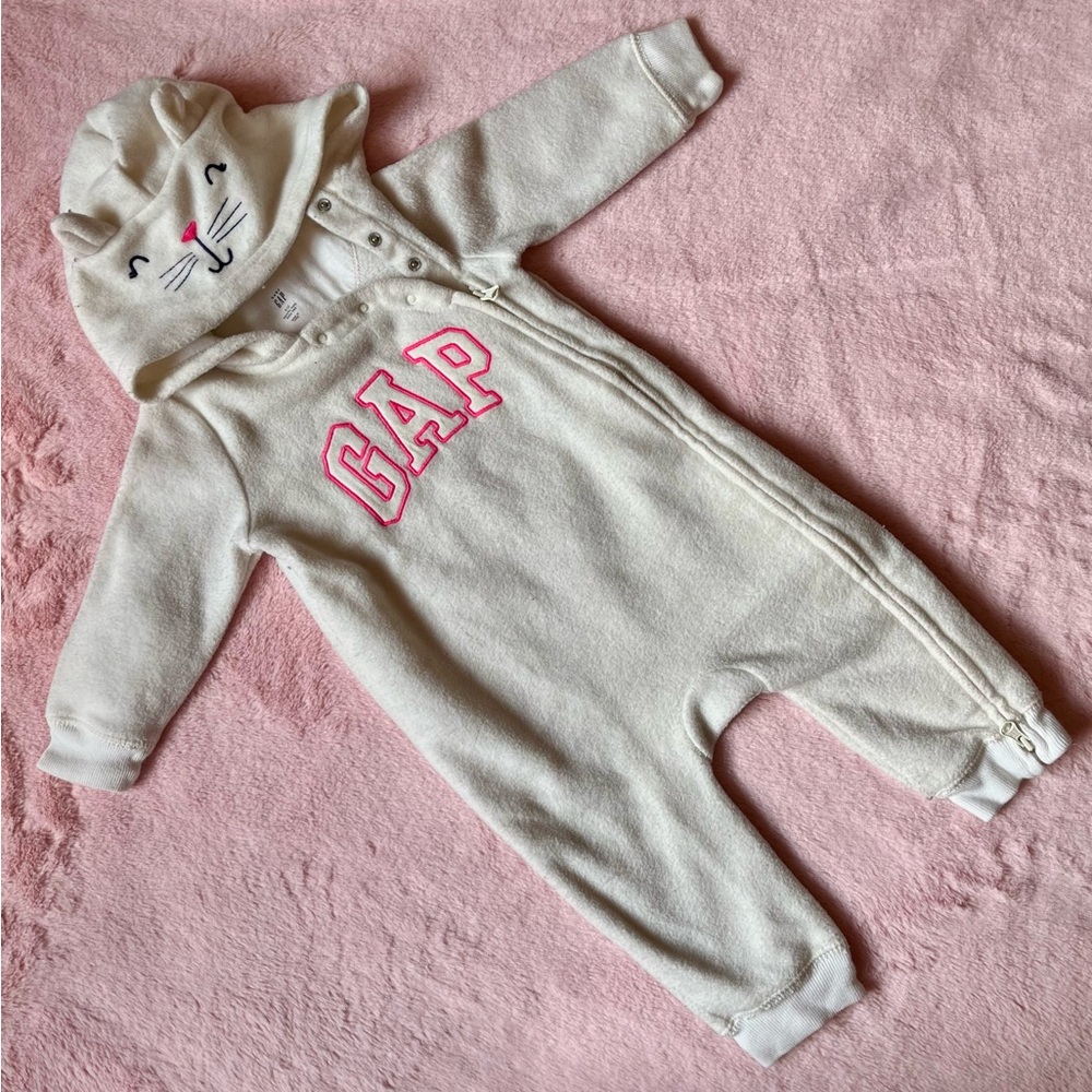 GAP Cream Hooded Baby Onesie with Pink Logo